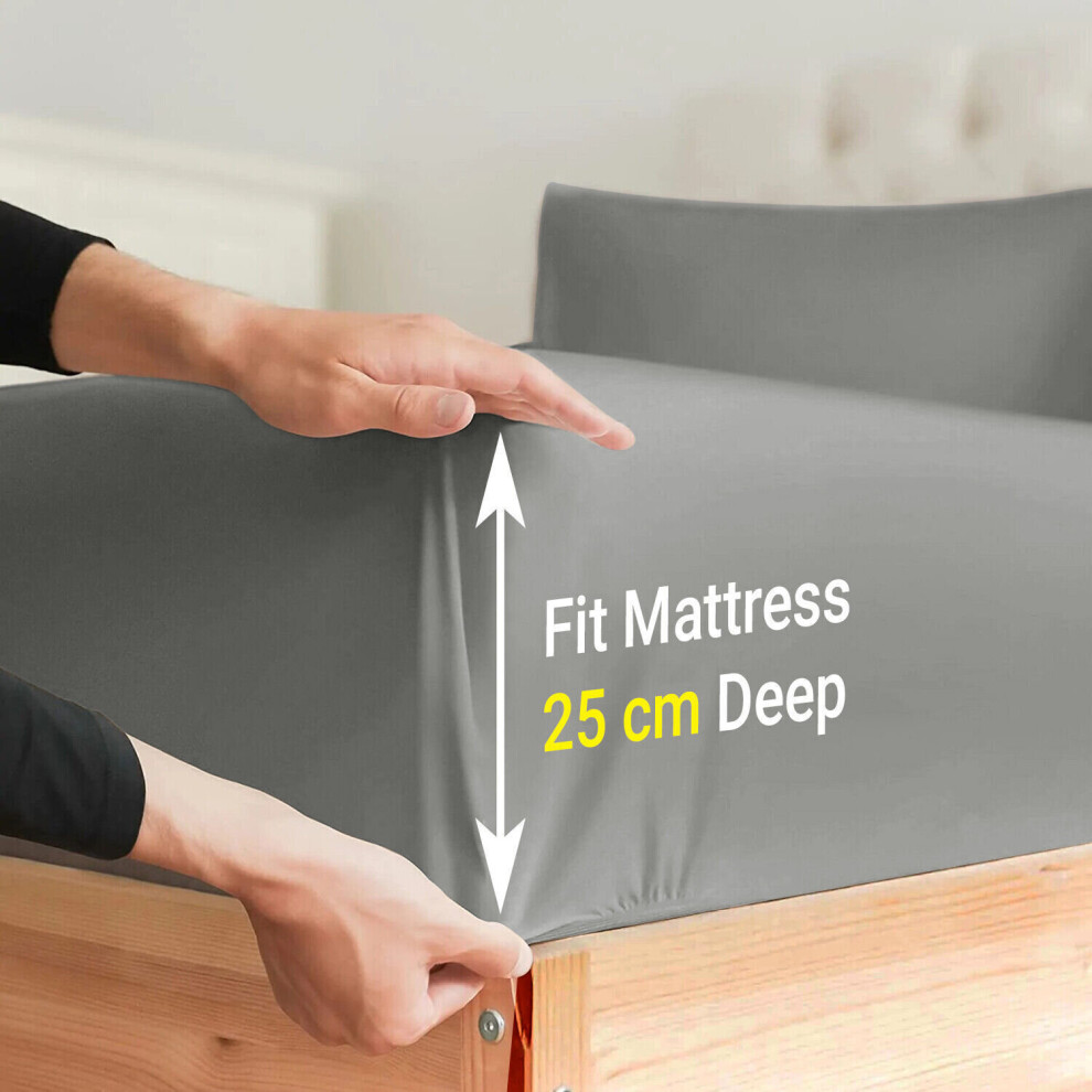 (Single, Grey) Poly Cotton Fitted Bed Sheet 25cm Deep Luxury Soft