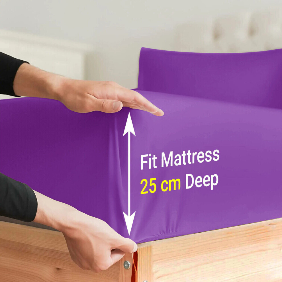 (Single, Purple) Poly Cotton Fitted Bed Sheet 25cm Deep Luxury Soft