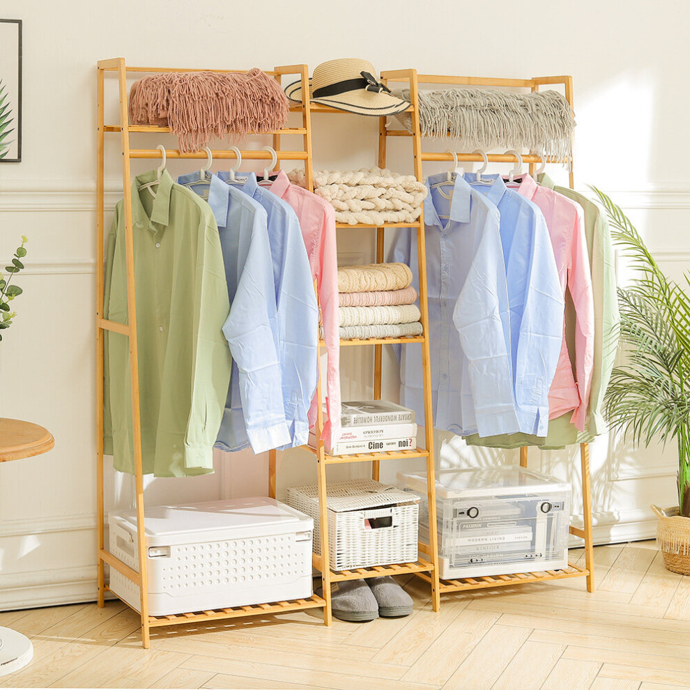 Bamboo Trapezoid Clothing Hanging Rack with 5-Tier Storage Shelves