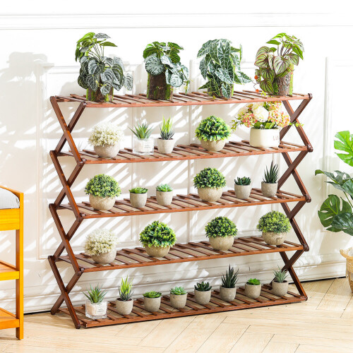 Living And Home (Brown) Foldable 5-Tier Bamboo Flower Stand Rack Plant Storage Shelf