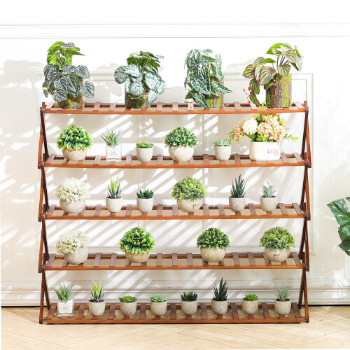 Living And Home (Brown) Foldable 5-Tier Bamboo Flower Stand Rack Plant Storage Shelf 1