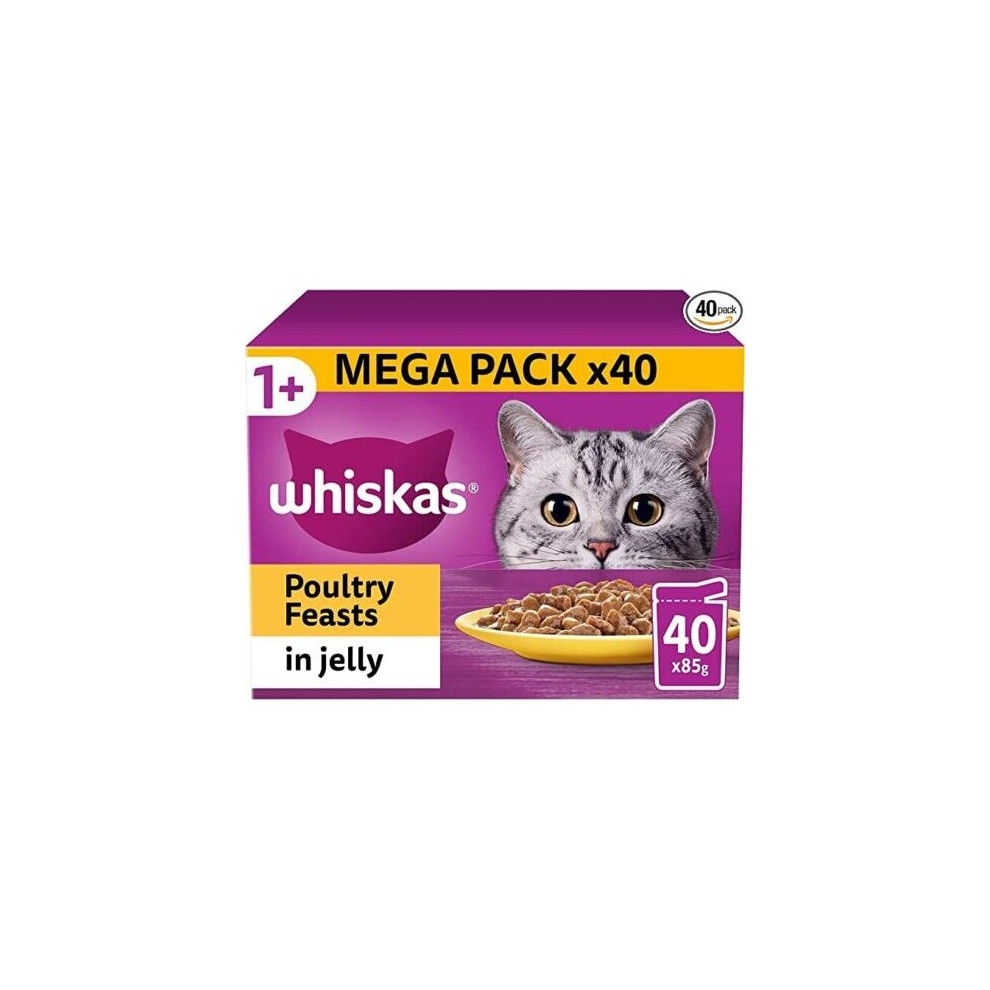 40 x 85g Whiskas 1 Poultry Feasts Mixed Adult Wet Cat Pouches in Jelly