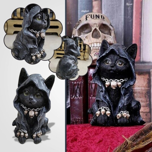 Cat Statue Resin Black Cloak Grim Reaper Feline Micro Decor Home Office