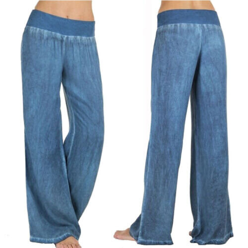 (Blue, XXL UK 14) Womens Elastic Waist Casual Jeans Wide Leg Loose Denim Pants Straight Trousers