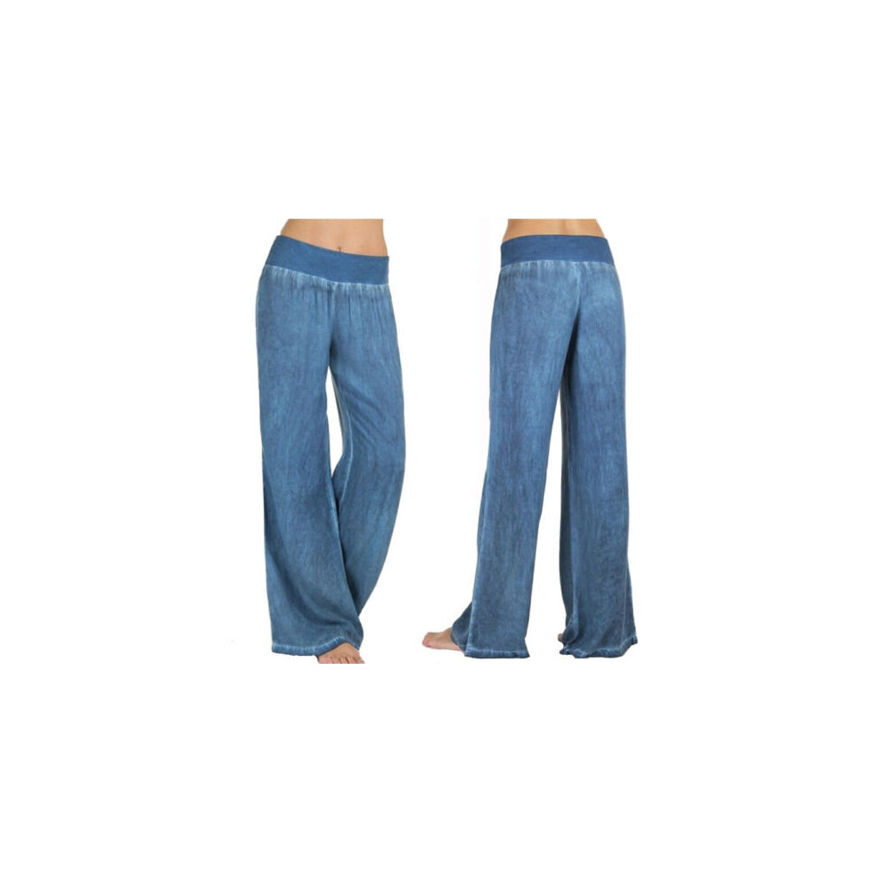 (Blue, XXL UK 14) Womens Elastic Waist Casual Jeans Wide Leg Loose Denim Pants Straight Trousers