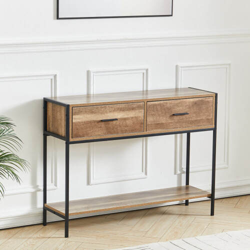Living And Home Metal Frame Console Table for Hallway with 2 Drawers