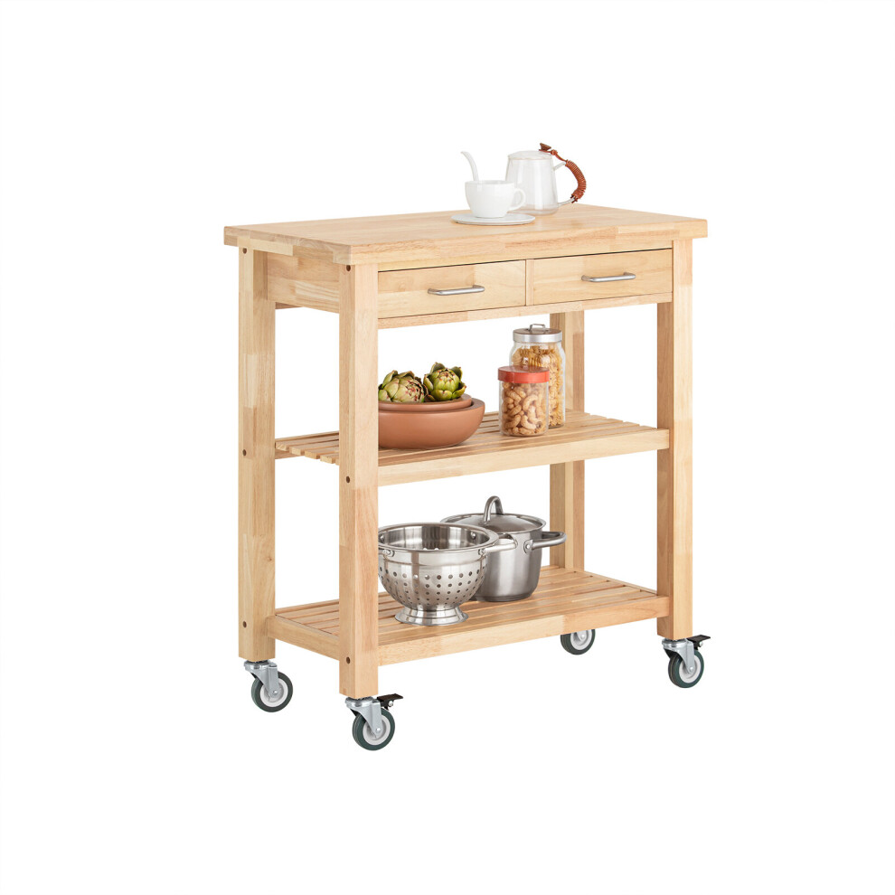 SoBuy® FKW24-N, Rubber Wood Kitchen Storage Trolley 2 Drawers 2 Shelves