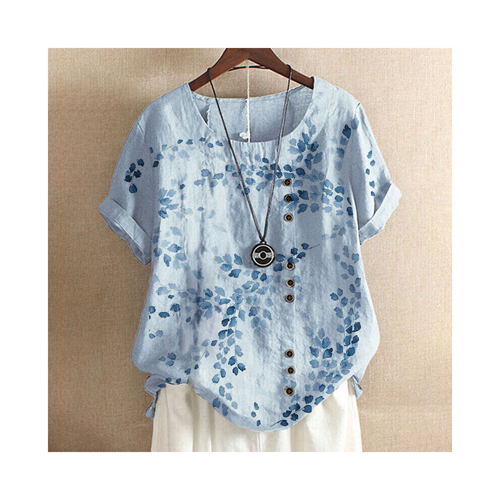(Blue, XL=UK 12) Womens Cotton Linen Summer Short Sleeve Tops Ladies Casual Crew Neck T Shirts