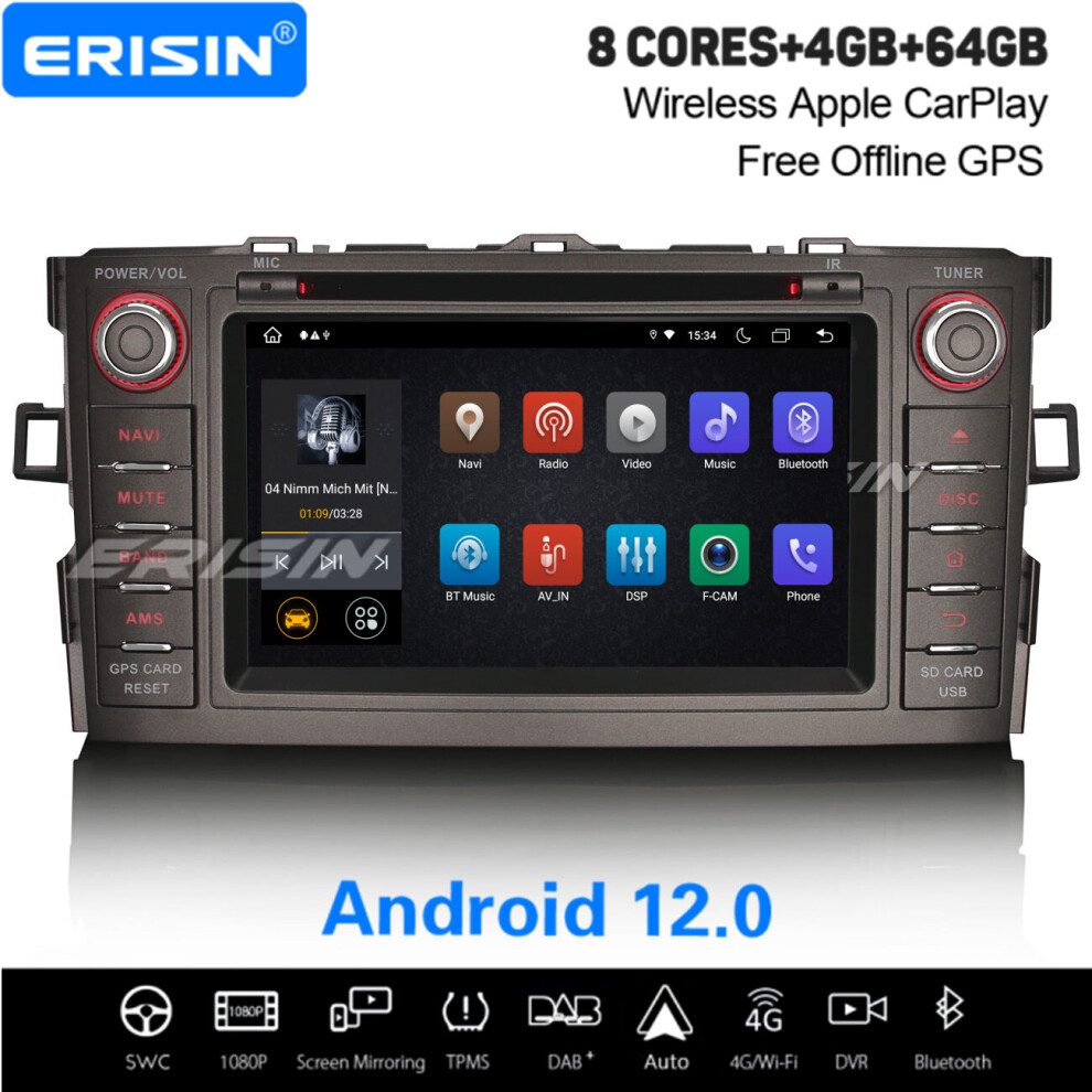 8-Core Android 12 64Gb Car Stereo Toyota Auris Dab+ Satnav Wifi Carplay Bluetooth Tpms Obd2 Ips 737655209617