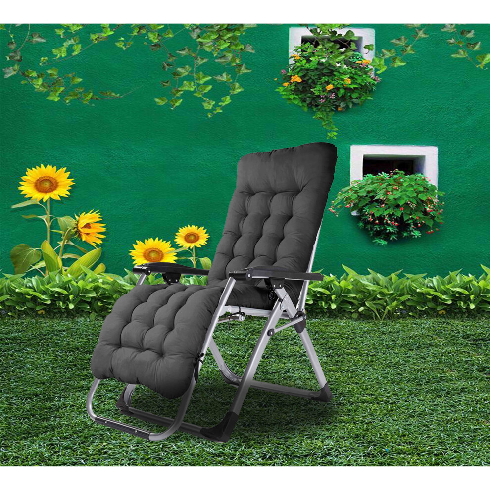 (Black) Zero Gravity Foldable Reclining Chair Sun Lounger with Cushion & Pillow