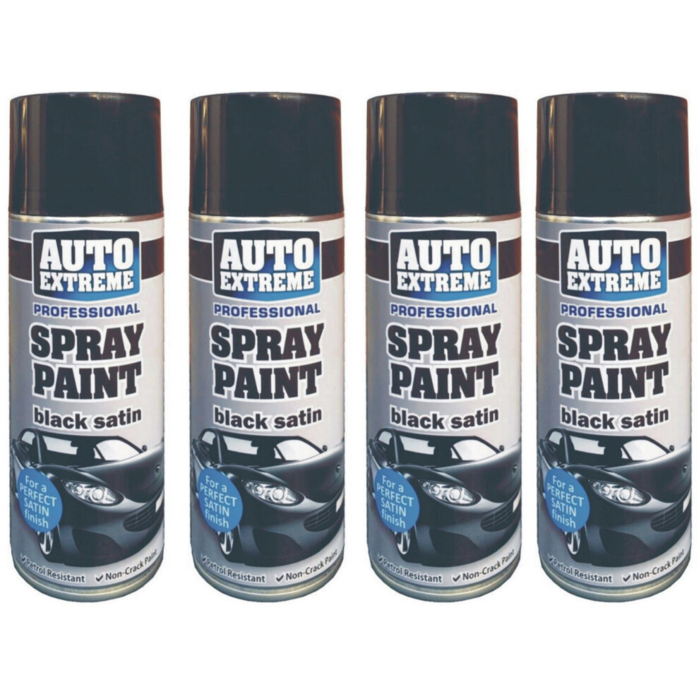 4 x 400ml Paint Aerosol Car Black Satin Spray  Van Bike Plastic Metal