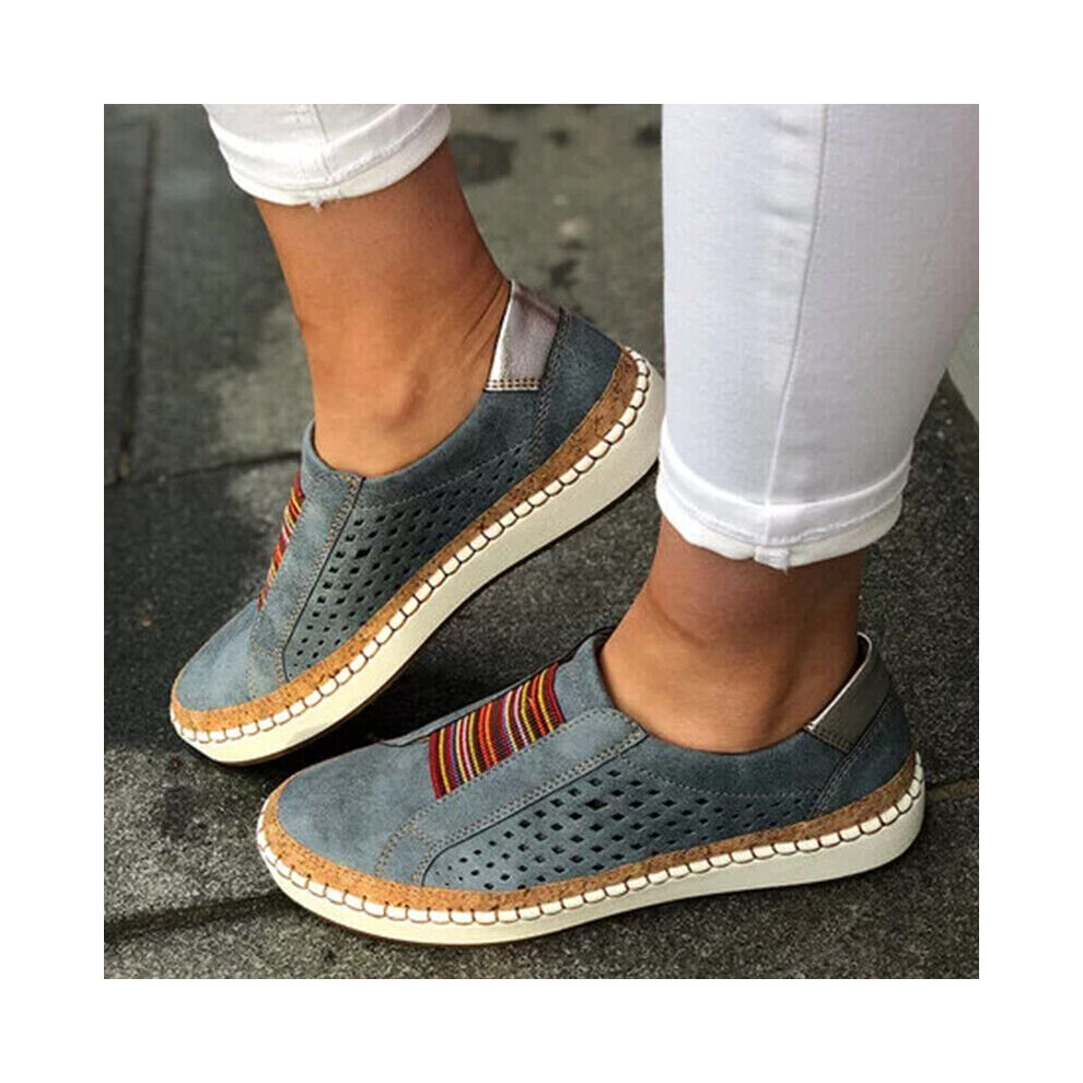 (Blue, UK 5.5) Womens Slip On Pumps Trainers Loafers Ladies Sneaker Casual Flat Soft Shoes Size