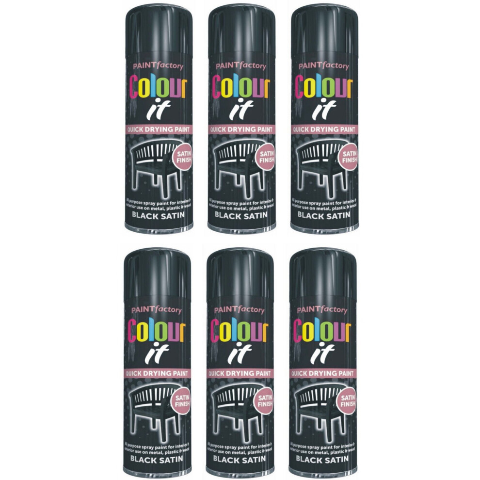 6 X 250ML Black Satin Aerosol Spray Paint for Metal Wood & Plastic