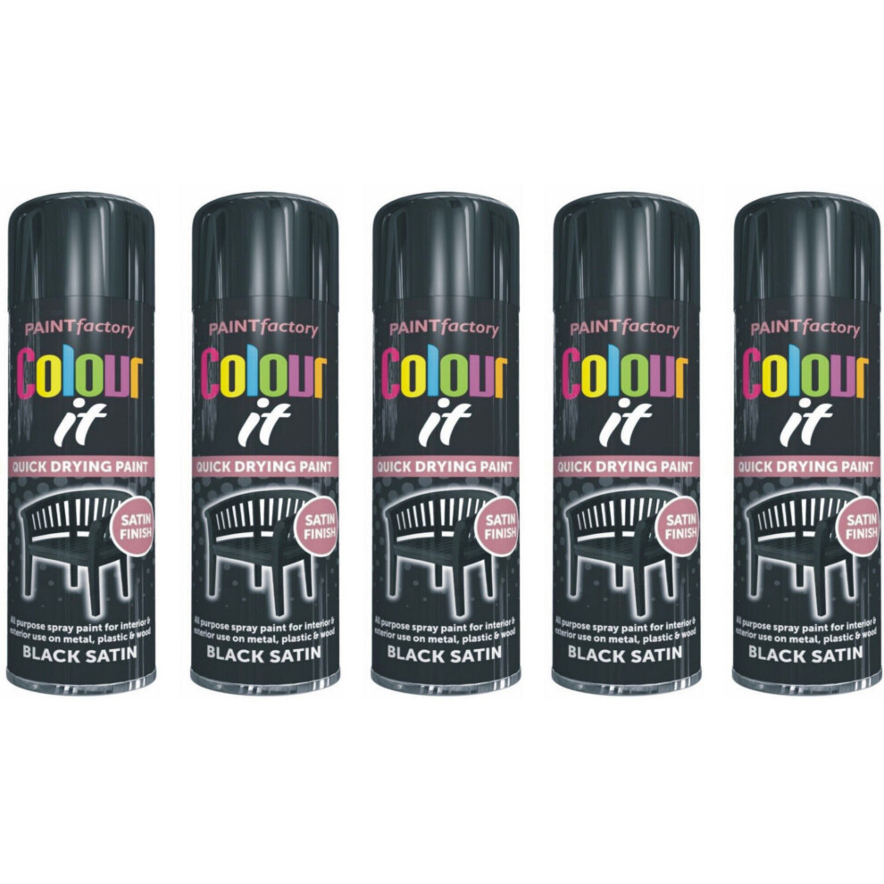 5 X 250ML Black Satin Aerosol Spray Paint for Metal Wood & Plastic