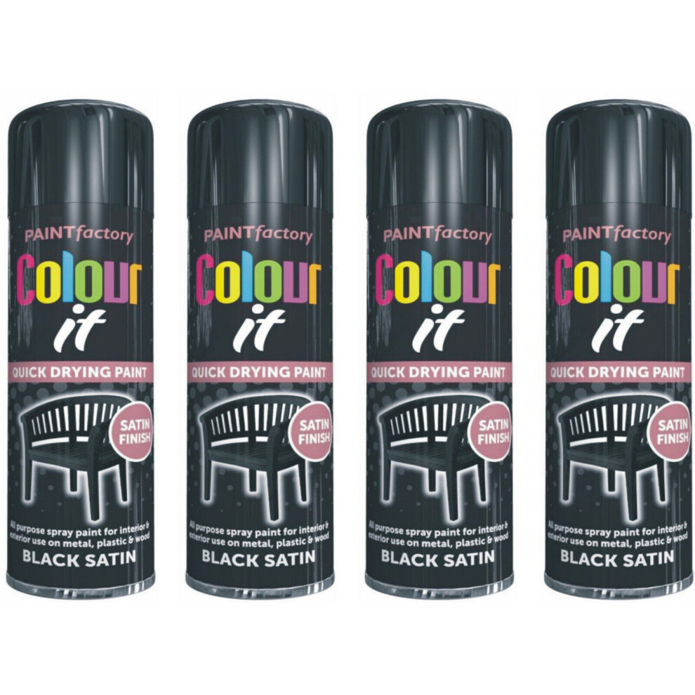 4 X 250ML Black Satin Aerosol Spray Paint for Metal Wood & Plastic