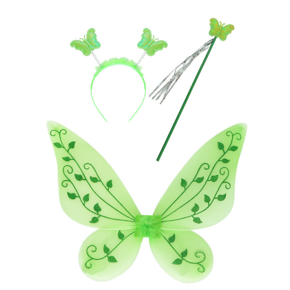 (3PCS, Wings+Scepter+Headwear) Cosplay Tinkerbell Princess Girls Halloween Green Flower Fairy Dress Elf Costume