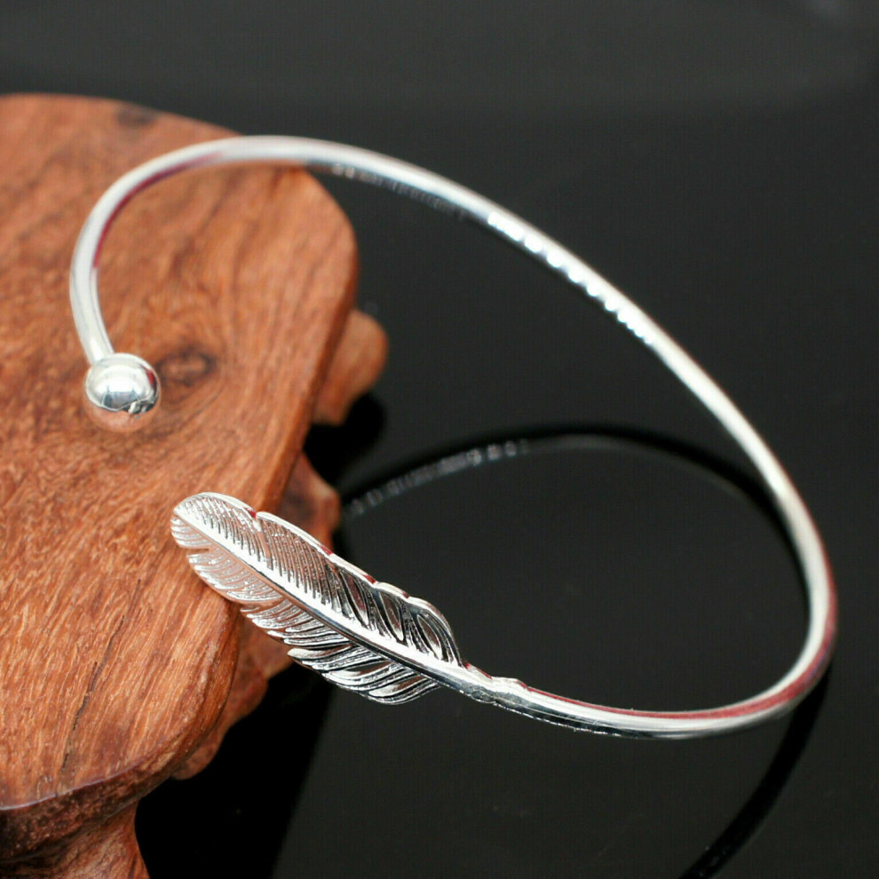 (Angel Feather) 925 Sterling Silver Ladies Round Beaded Feather Bracelet Angel Bangle Jewellery