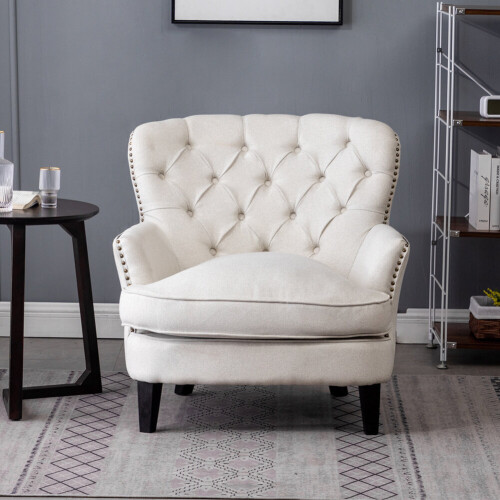 Living And Home Classic Linen Buttoned-Back Armchair on Solid Wood Legs - Plush, Supportive, Timeless Beige 1