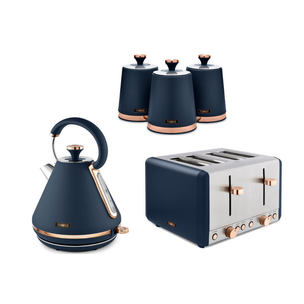 TOWER Cavaletto Pyramid Kettle 4 Slice Toaster & Canisters Blue/Rose Gold