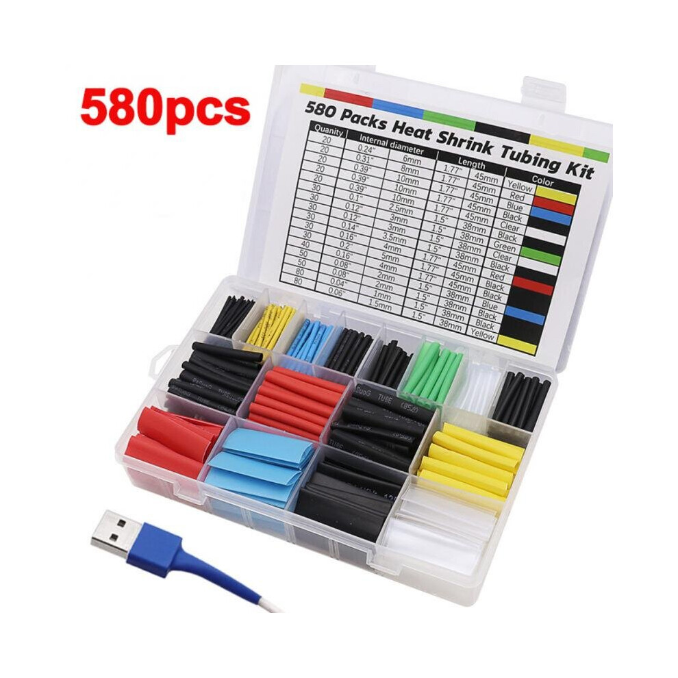 580Pcs/Set Polyolefin Shrinking Assorted Heat Shrink Tube Wire Cable Insulated Sleeving Tubing Set 2:1 Waterproof Pipe Sleeve 5063131294118