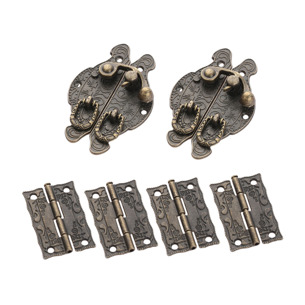 2Pcs Antique Bronze Padlock Lock Jewelry Wood Box Toggle Hasp Latch Clasp + 4Pcs Furniture Cabinet Hinges Vintage Hardware 5063131262292