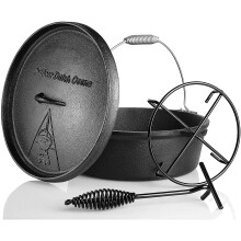 Cast Iron Dutch Oven, Pre-Seasoned, with Lid Lifter Handle & stand, Without Feet, Dual Function Lid Griddle for Camping Home BBQ