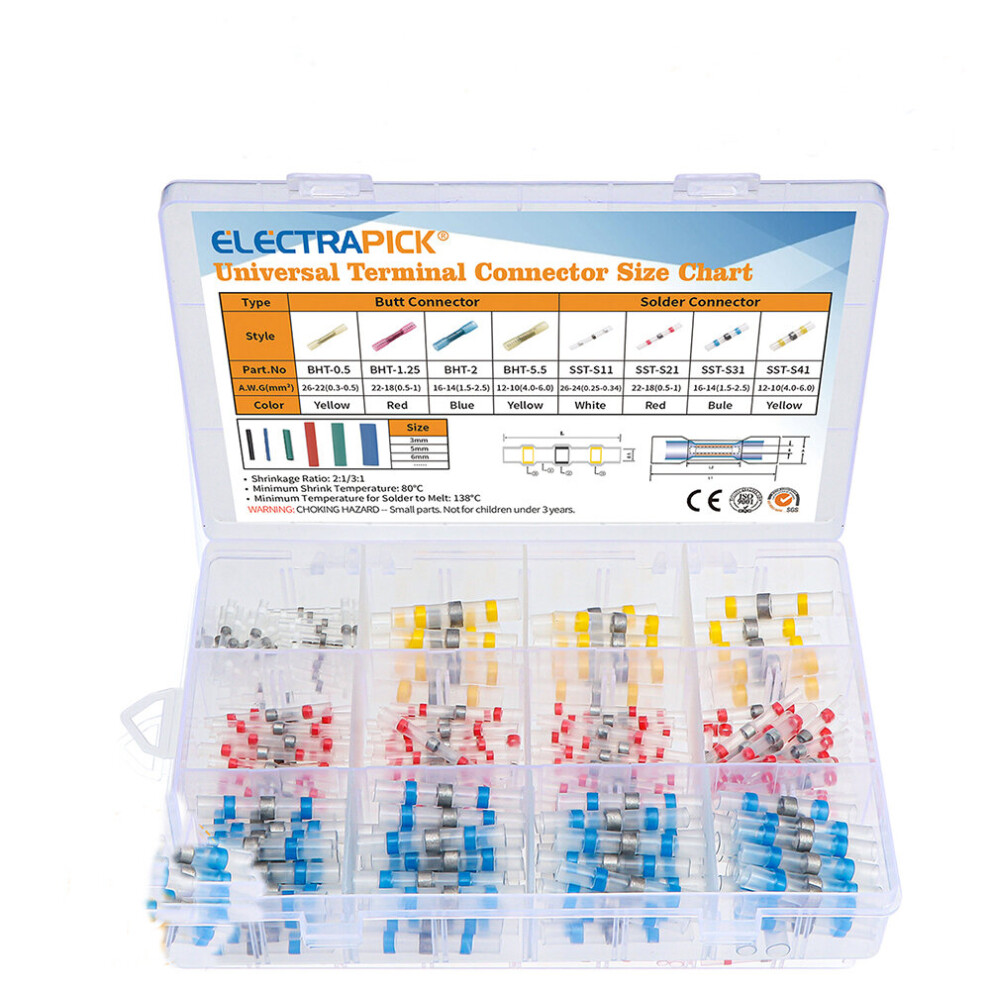 Electrapick 250Pcs Waterproof Solder Seal Wire Connectors Heat Shrink Butt Crimp Electrical Wire Terminals Soldering Ring 5063131292503