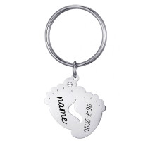 Personalized Custom Baby Birthday Foot Keychain Stainless Steel Double Feet Pendant Key Chains Custom Engrave Black Name Date