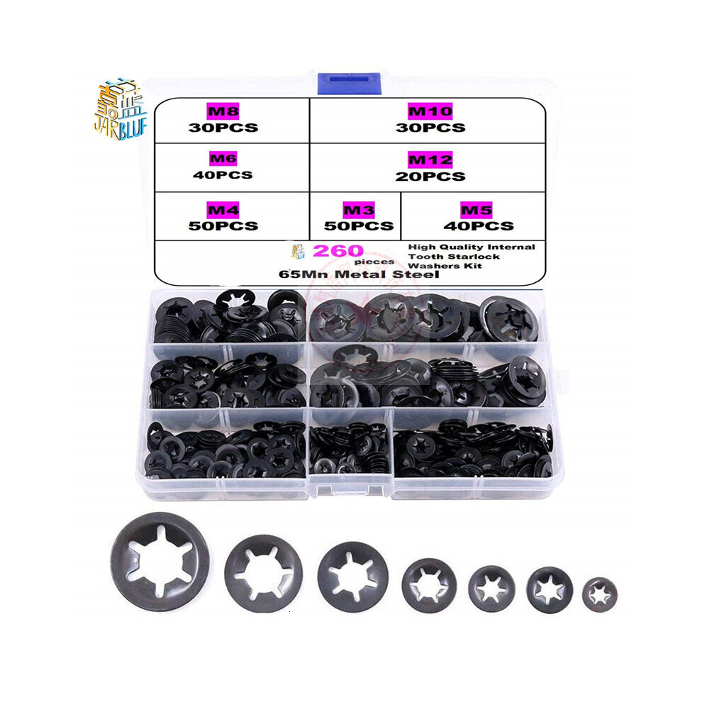 260Pcs M3 M4 M5 M6 M8 M10 M12 Push-On Locking Washers Star Nut Metal Quick Speed Star Nut Locking Fastener Assorted Kit 5063131245653