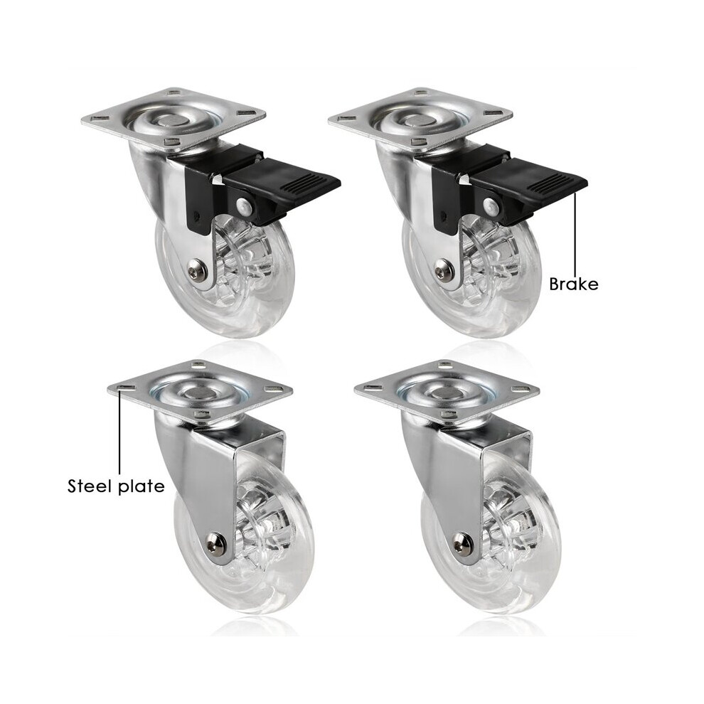 4 Pcs Transparent 2' Inch Pu Caster Mute Swivel Wheels With Brake Heavy Duty Plate Casters For Furniture Hardware 5063131266849