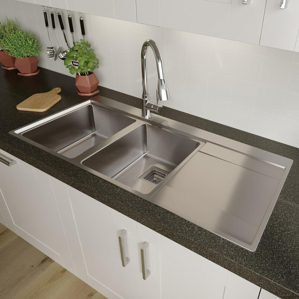 Sauber 2 Bowl Square Inset Stainless Steel Kitchen Sink - Right Hand Drainer