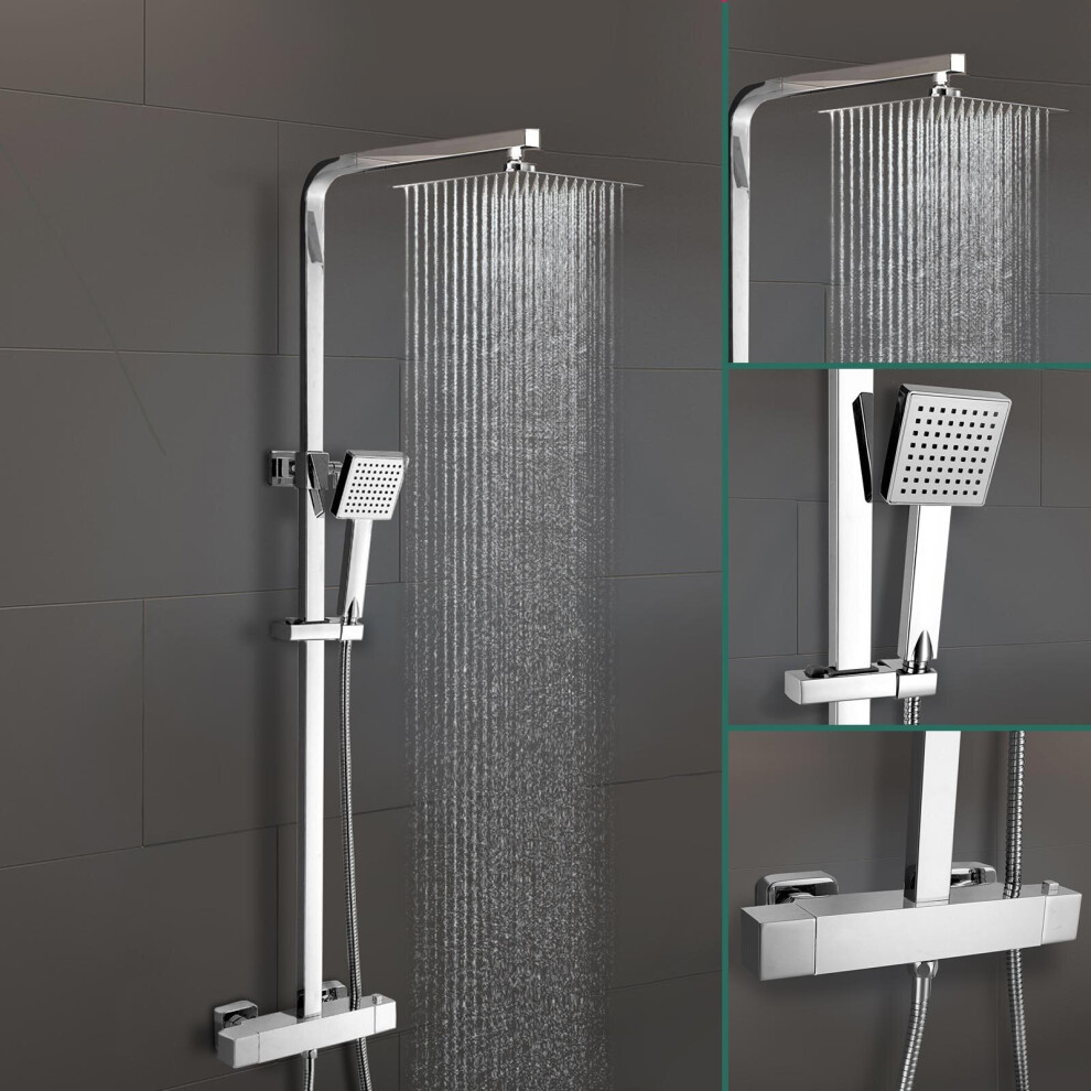 Lois Square Exposed Thermostatic Shower Mixer Set - Slim Shower Head, Riser Rail Kit
