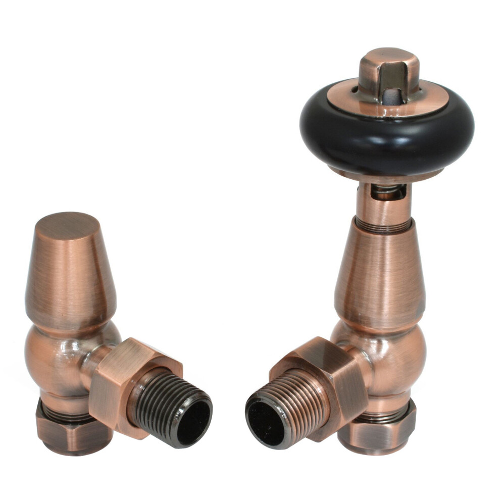 (Antique Copper) Traditional Antique Design TRV Thermostatic Brass Angled Radiator Valves Pair