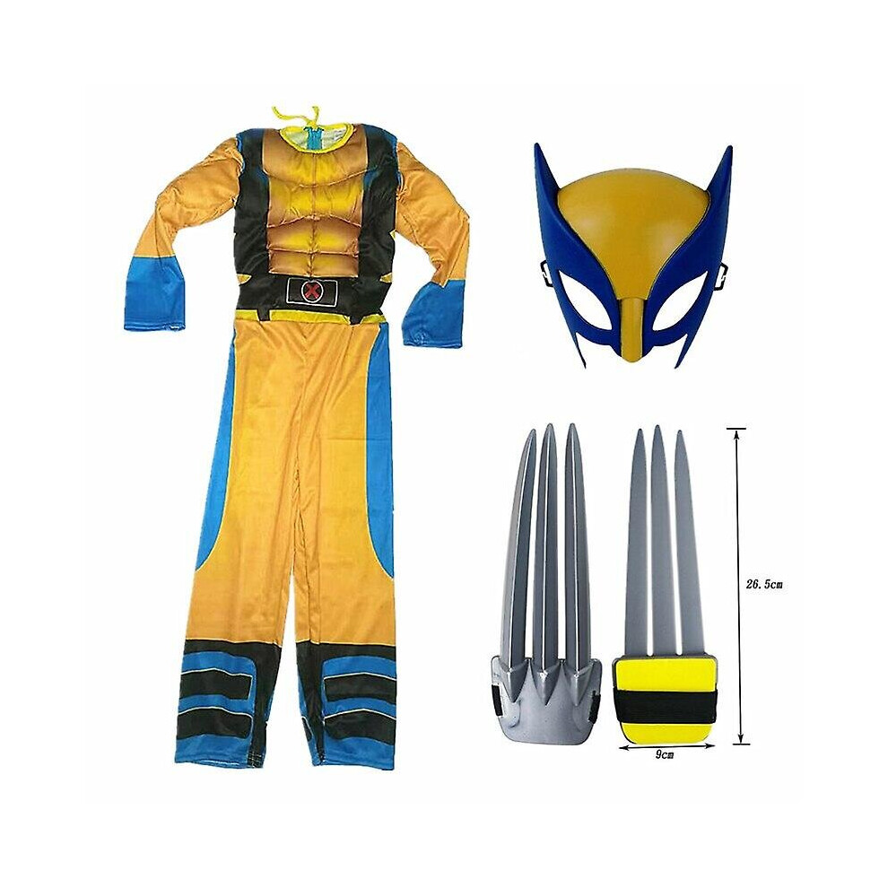 (S(110-120CM)) Kids Wolverine Costume Boy Superhero Jumpsuit Kids Halloween Cosplay Mask/wolf Claw Props Fantasy