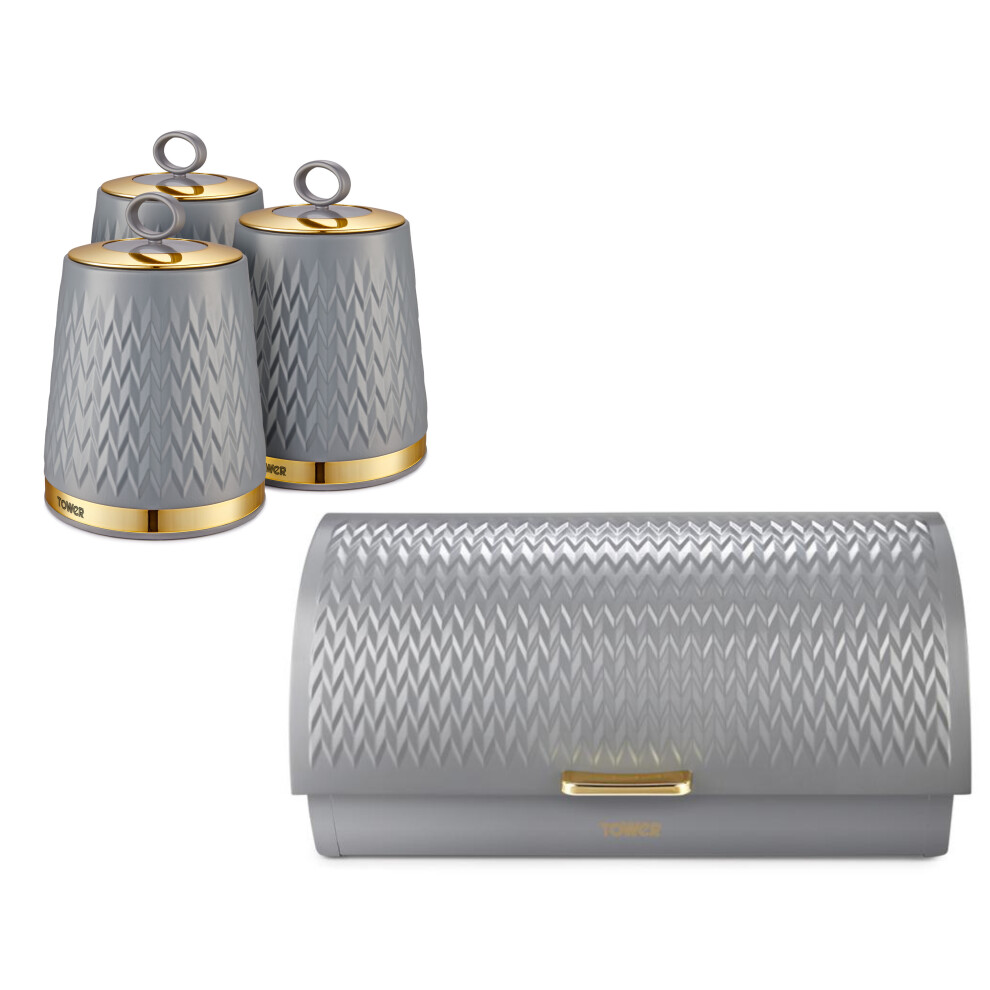 Tower Empire Bread Bin & Canisters Set in Grey with Brass Accents