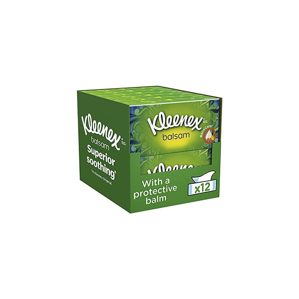 Kleenex Balsam Facial Tissues - Pack of 12 Tissue Boxes - Balm Tissues Protect and Soothe Your Nose when You've Got a Cold - Balmcare with Aloe Vera,