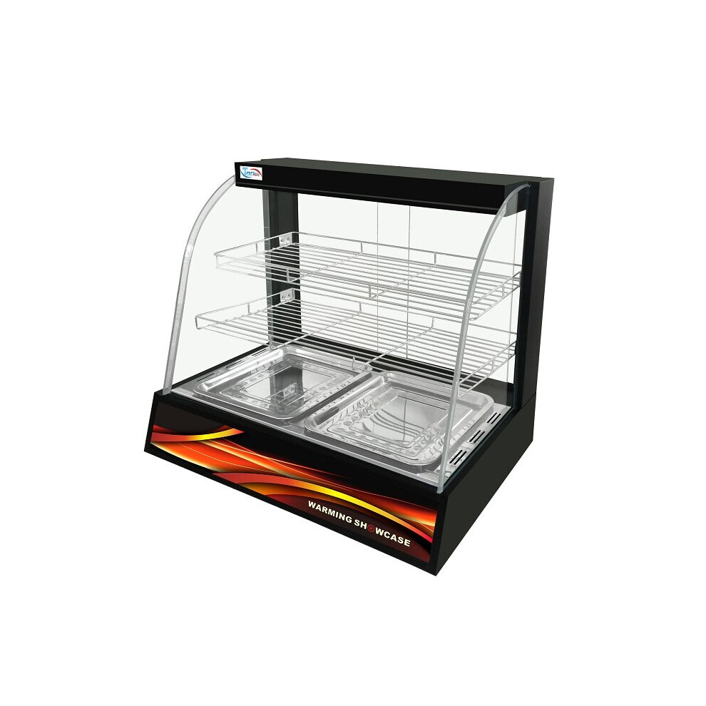Electric Countertop Commercial Pie Warmer and Hot Food Display Cabinet - 2 Large Shelves 600x300mm, 800W, 220V, Red Stainless Steel Finish