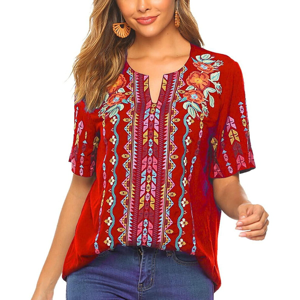 (Red, 3XL) Womens Tops and Blouses Peasant Tops Embroidered Summer Casual Shirts V Neck Tunic Boho Top