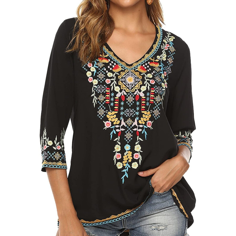 (Black, XL) Mexican Embroidered Shirts for Women Boho Tops and Blouses 3/4 Sleeve Bohemian Peasant Summer Fall Tunic Top