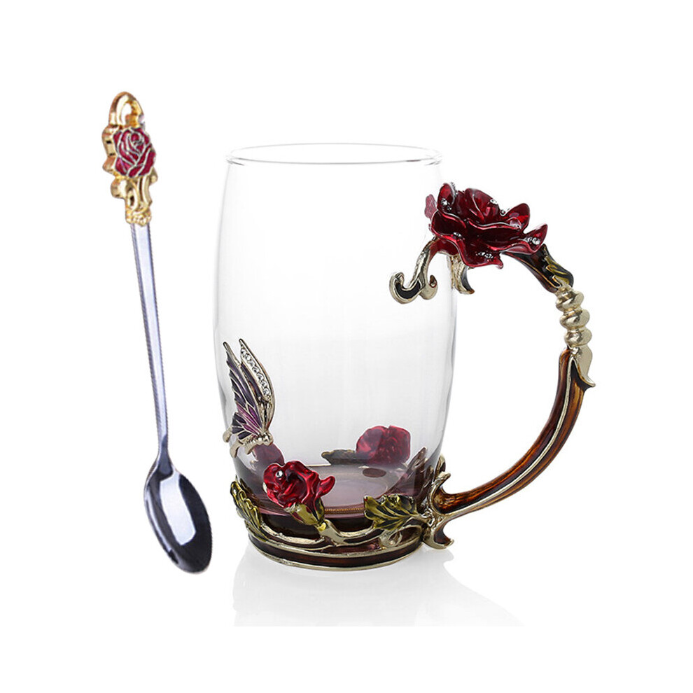(Red Long With spoon) Enamel Coffee Tea Cup Mug 3D Rose Butterfly Glass Cups Wedding Gift Flower Tea Cup High-grade Glass Drinkware Couple Mug RE