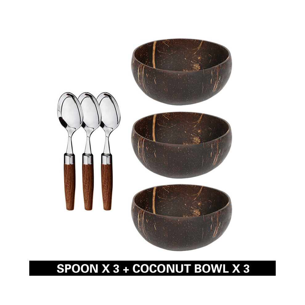 (Burgundy) Natural Coconut Bowl Set Handmade Coconut Shell Tableware Wood Spoon Dessert Fruit Salad Mixing Bowl Rice Ramen Bowl 12-15cm-image-OPC-PBNRKT7-NEW