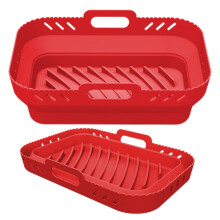 (Red) 2pcs Air Fryers Oven Baking Tray Rectangular Shaped Silicone Pizza Basket Mat Foldable Replacement with Handle Kitchen Tools