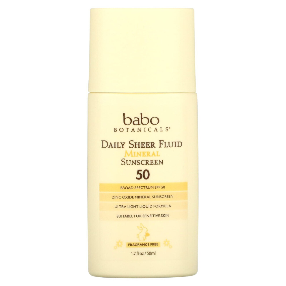 Babo Botanicals Light Daily Sheer Fluid Mineral Sunscreen 50, Fragrance Free 1.7 Fl Oz (50 Ml)