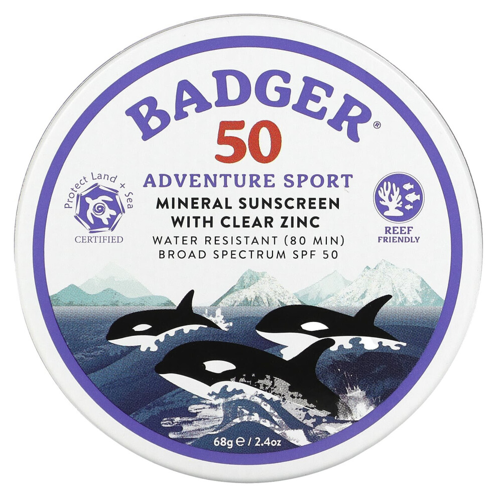 Badger Company Inprogress... Adventure Sport, Mineral Sunscreen With Clear Zinc, Spf 50, Unscented, 2.4 Oz (68 G)