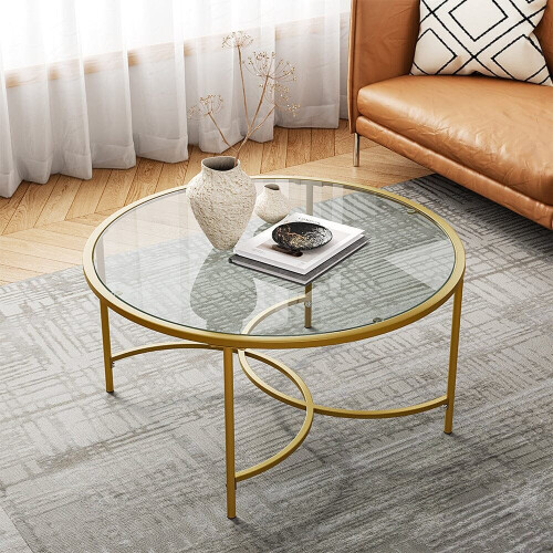 Living And Home (Gold) Modern Round Tempered Glass Coffee Table Centre Table 1