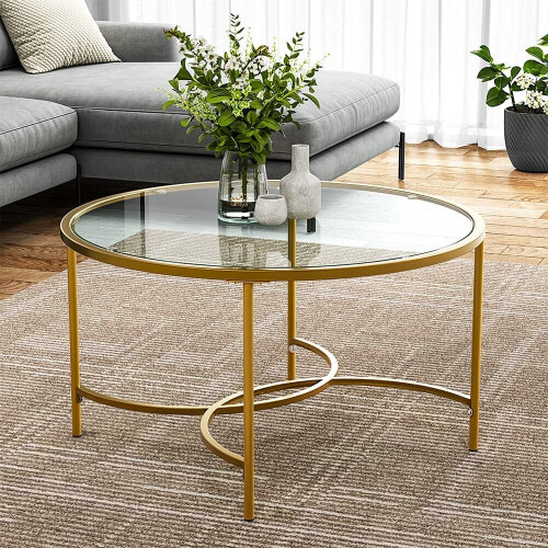 Living And Home (Gold) Modern Round Tempered Glass Coffee Table Centre Table