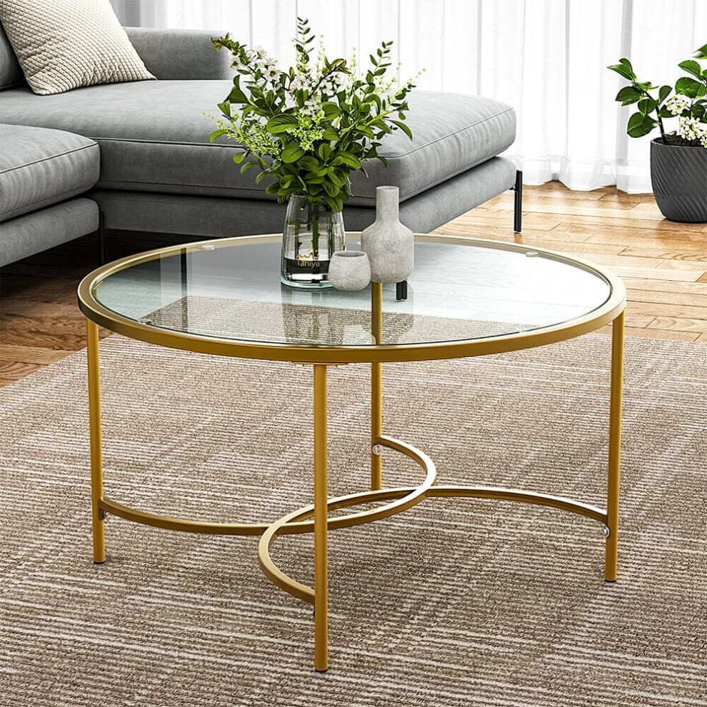 (Gold) Modern Round Tempered Glass Coffee Table Centre Table