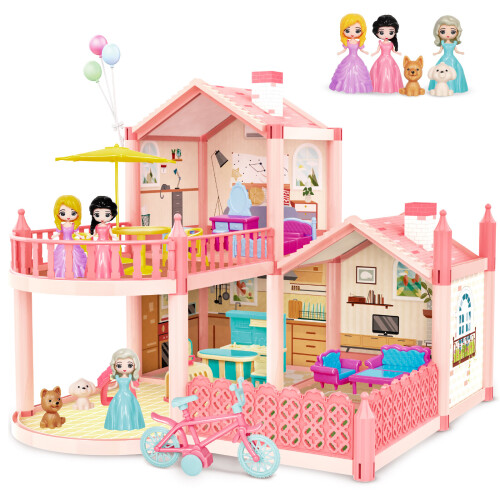 Pink Doll House Set Large 2 Story Barbie Doll Dollhouse Furniture Figures on OnBuy
