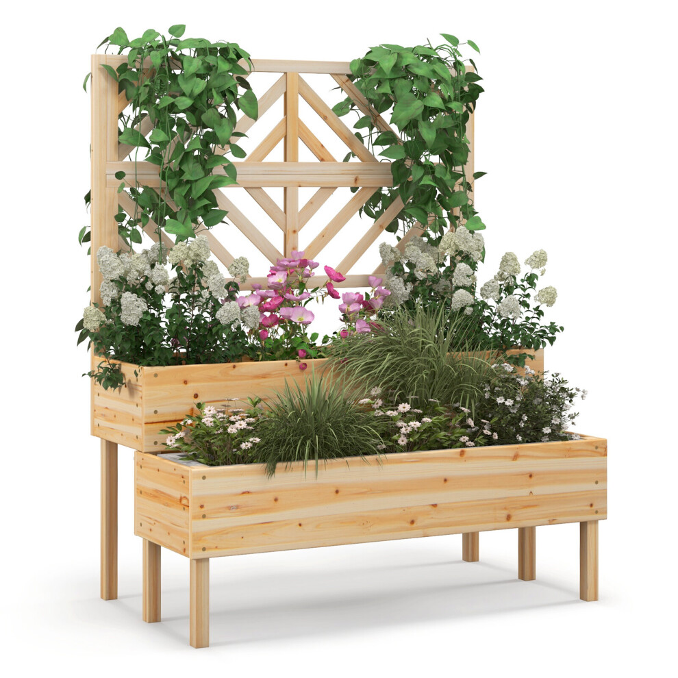 2-Tier Raised Garden Bed withTrellis Wooden Elevated Planter Box