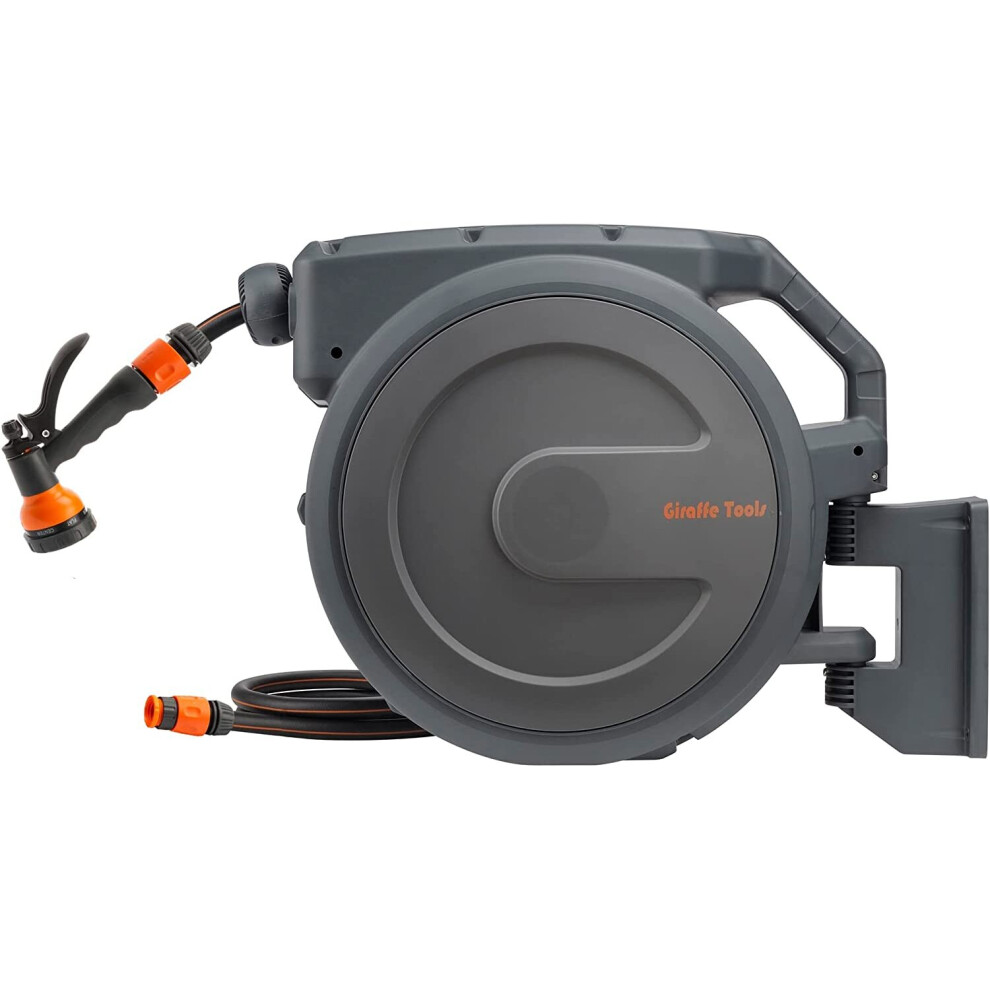 Giraffe Tools Wall Mounted Hose Reel, 35+2m Hose Pipe Reel, 180 Pivotal with 7 in 1 Spray Nozzle and Lead Hose
